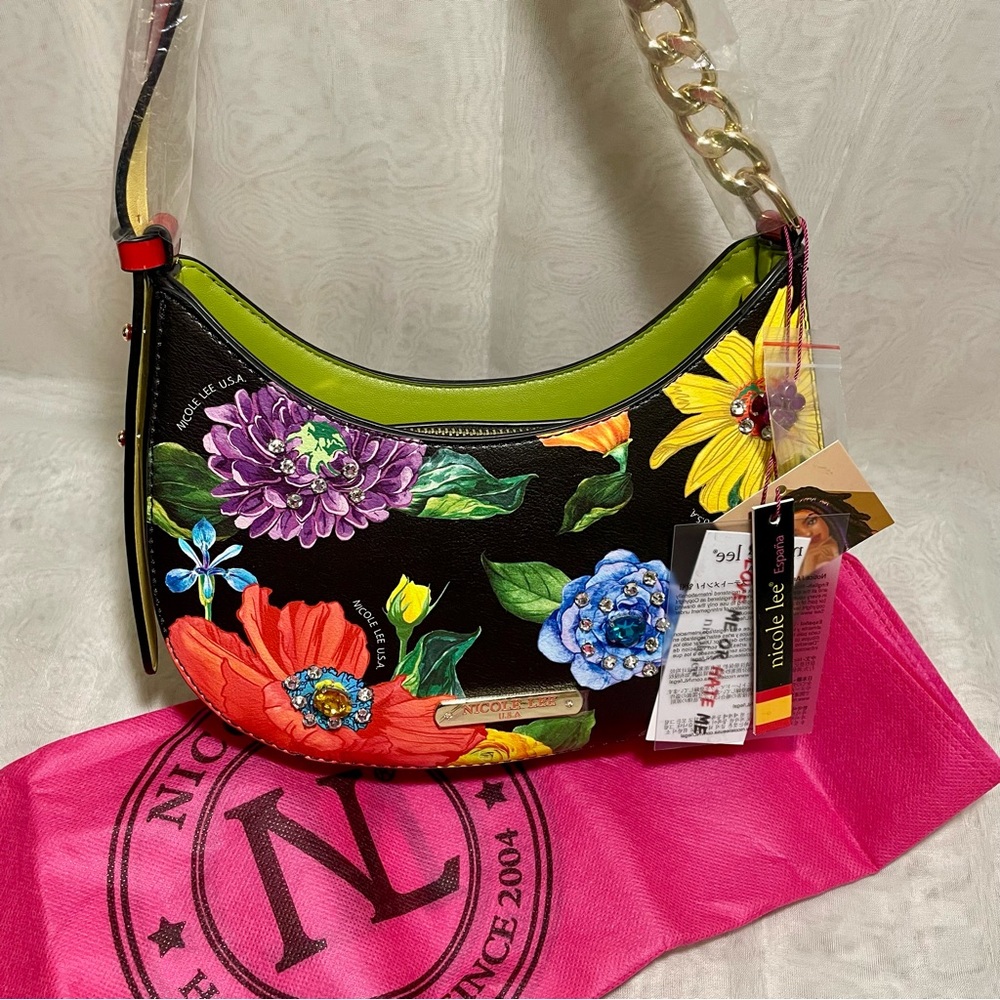 Nicole Lee Floral Black Bejeweled Shoulder Bag,, NWT